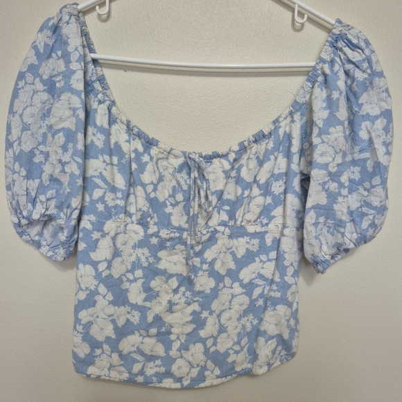 Abercrombie & Fitch Blue White Floral Linen Puff Sleeve Crop Blouse – Size S - Picture 1 of 4